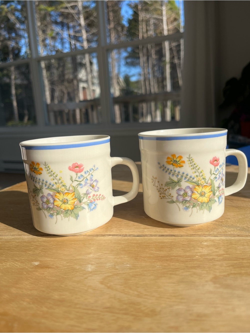 Classic Floral Ceramic Coffee Mugs - Blue Trim (Pair)